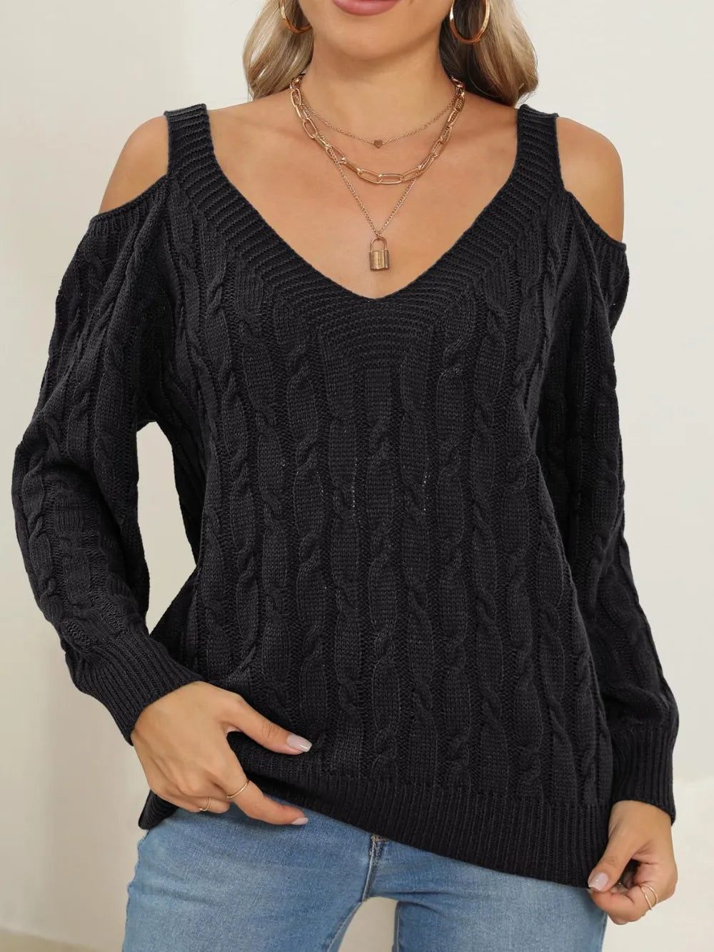 Deep V-neck sexy off shoulder loose pullover sweater for women top - V.I.P Digital Presence