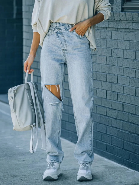 Distressed Asymmetric Waist Jeans - V.I.P Digital Presence