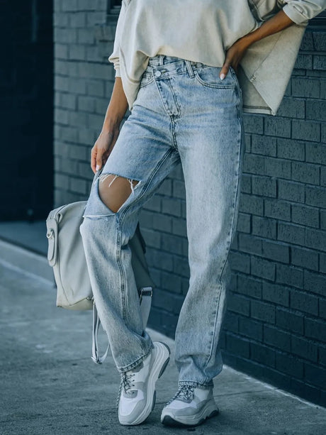 Distressed Asymmetric Waist Jeans - V.I.P Digital Presence