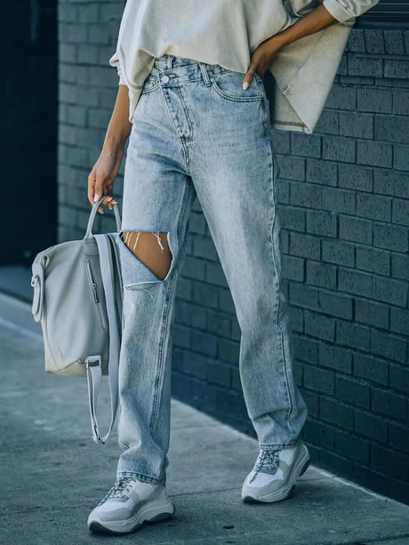 Distressed Asymmetric Waist Jeans - V.I.P Digital Presence