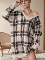 Distressed Plaid V-Neck Long Sleeve Sweater Dress - V.I.P Digital Presence