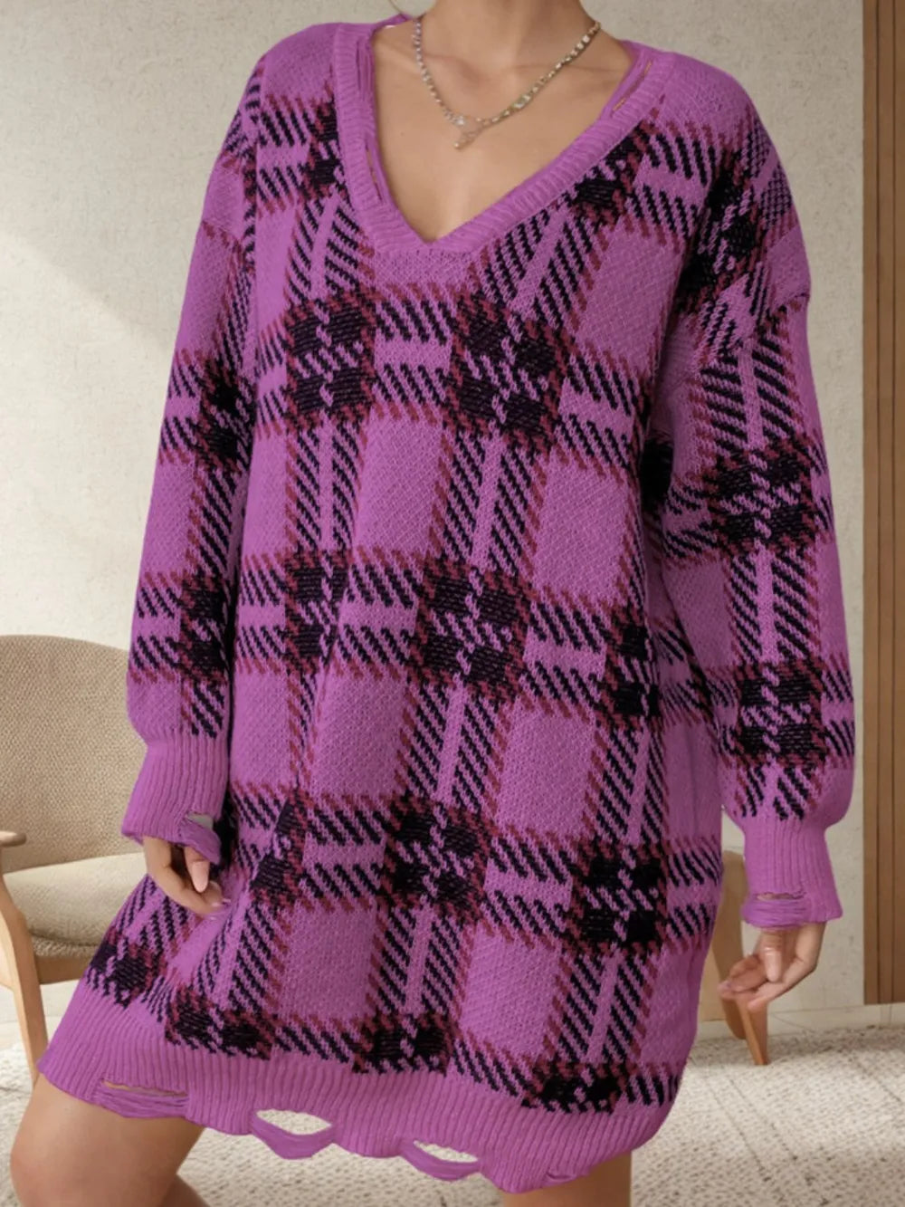 Distressed Plaid V-Neck Long Sleeve Sweater Dress - V.I.P Digital Presence