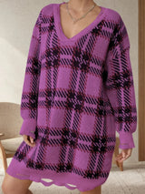Distressed Plaid V-Neck Long Sleeve Sweater Dress - V.I.P Digital Presence