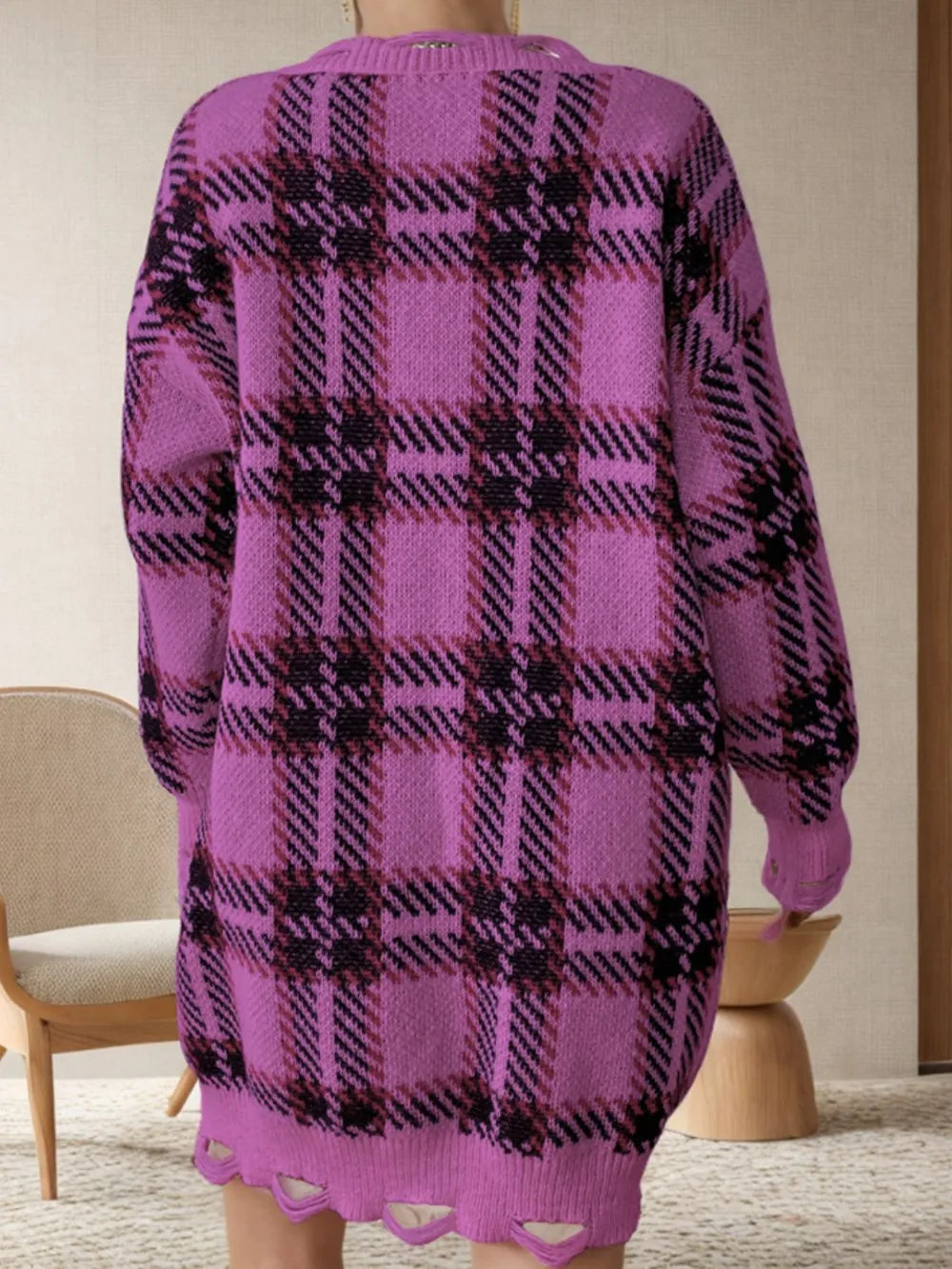 Distressed Plaid V-Neck Long Sleeve Sweater Dress - V.I.P Digital Presence