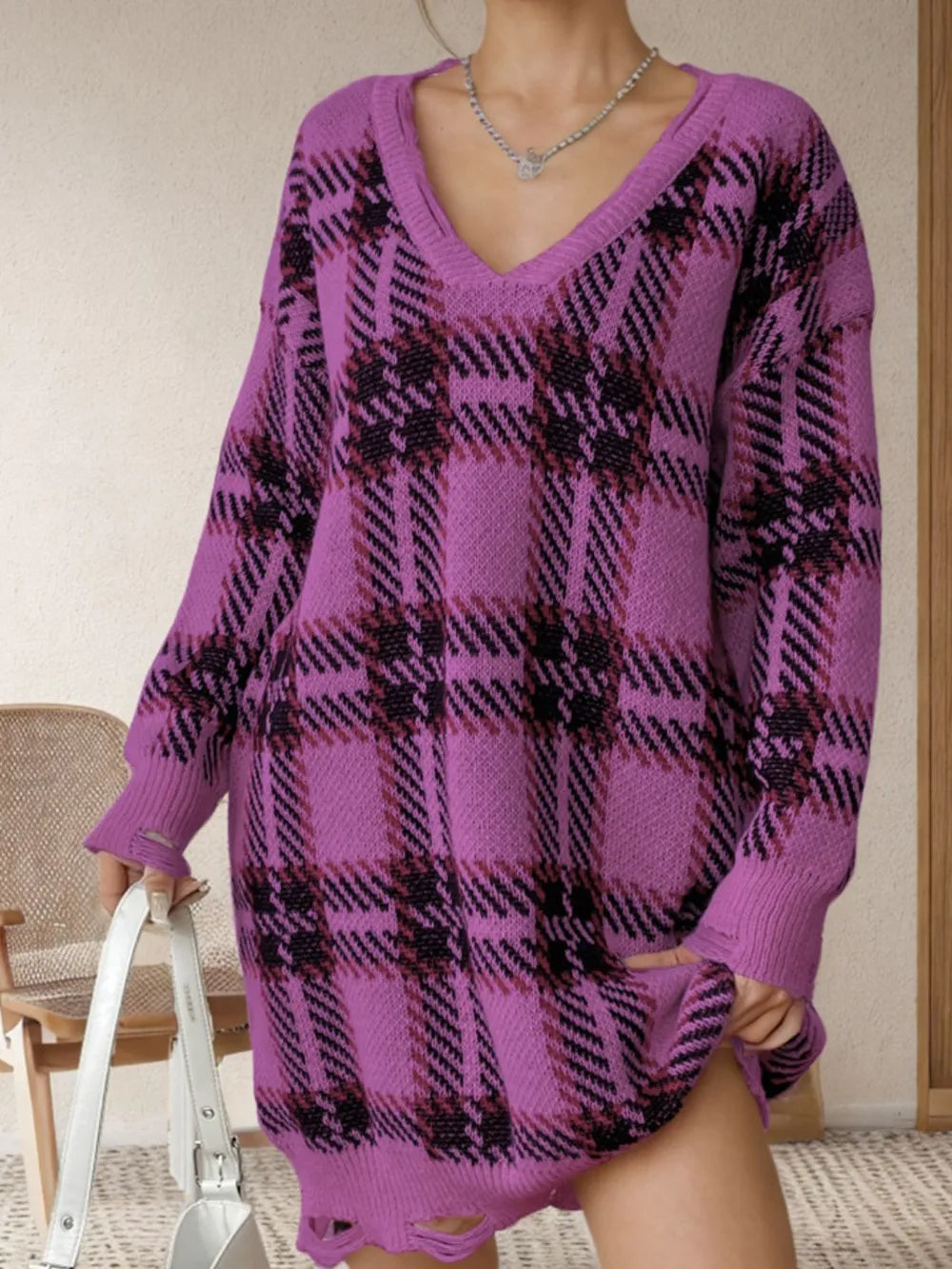 Distressed Plaid V-Neck Long Sleeve Sweater Dress - V.I.P Digital Presence