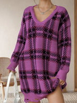 Distressed Plaid V-Neck Long Sleeve Sweater Dress - V.I.P Digital Presence