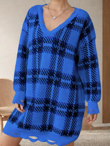 Distressed Plaid V-Neck Long Sleeve Sweater Dress - V.I.P Digital Presence