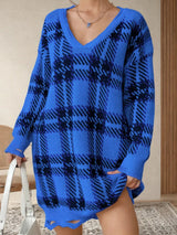 Distressed Plaid V-Neck Long Sleeve Sweater Dress - V.I.P Digital Presence