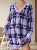 Distressed Plaid V-Neck Long Sleeve Sweater Dress - V.I.P Digital Presence