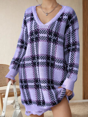 Distressed Plaid V-Neck Long Sleeve Sweater Dress - V.I.P Digital Presence