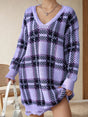 Distressed Plaid V-Neck Long Sleeve Sweater Dress - V.I.P Digital Presence