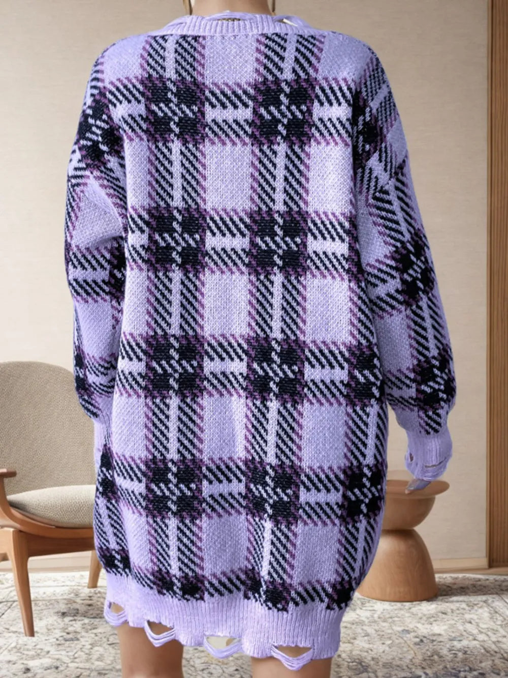 Distressed Plaid V-Neck Long Sleeve Sweater Dress - V.I.P Digital Presence