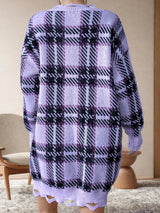 Distressed Plaid V-Neck Long Sleeve Sweater Dress - V.I.P Digital Presence