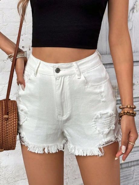 Distressed Raw Hem High Rise Denim Shorts - V.I.P Digital Presence