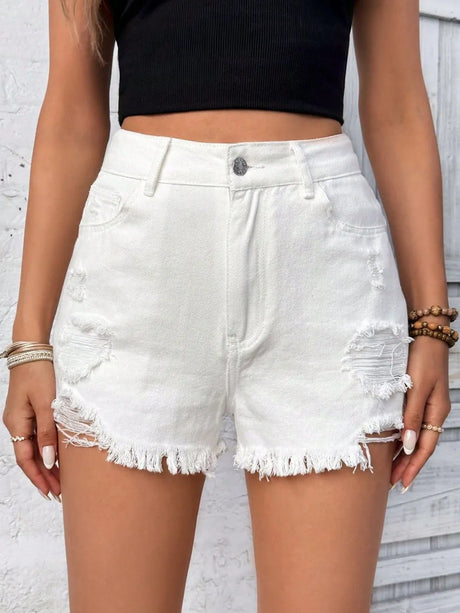 Distressed Raw Hem High Rise Denim Shorts - V.I.P Digital Presence