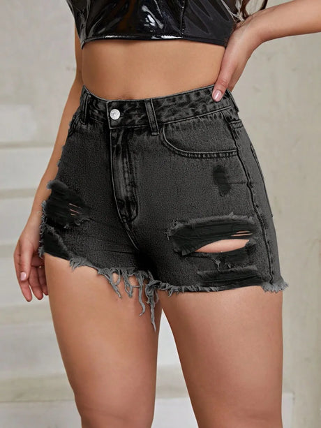 Distressed Raw Hem High Rise Denim Shorts - V.I.P Digital Presence