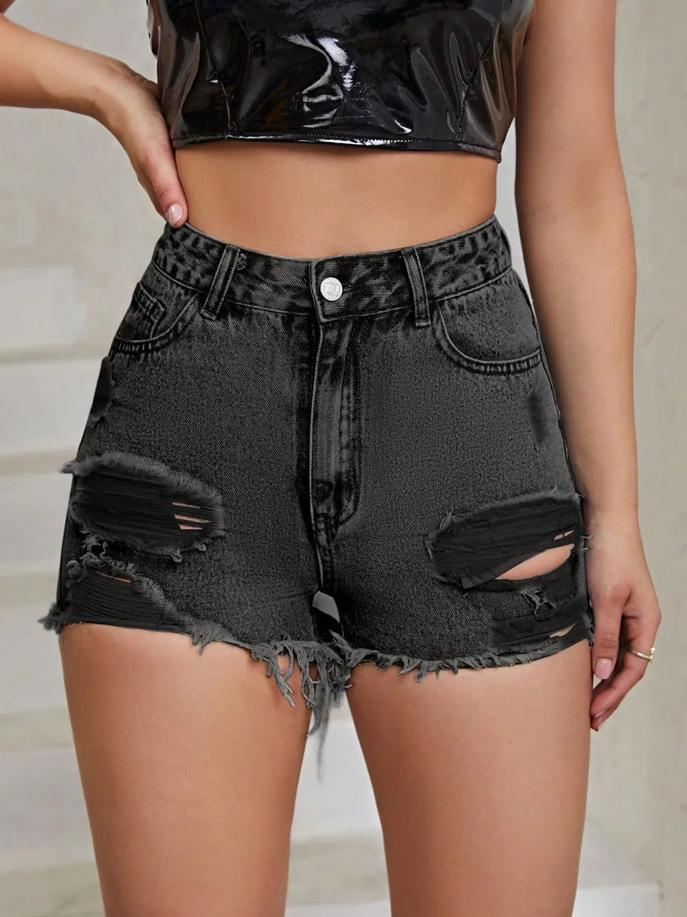 Distressed Raw Hem High Rise Denim Shorts - V.I.P Digital Presence
