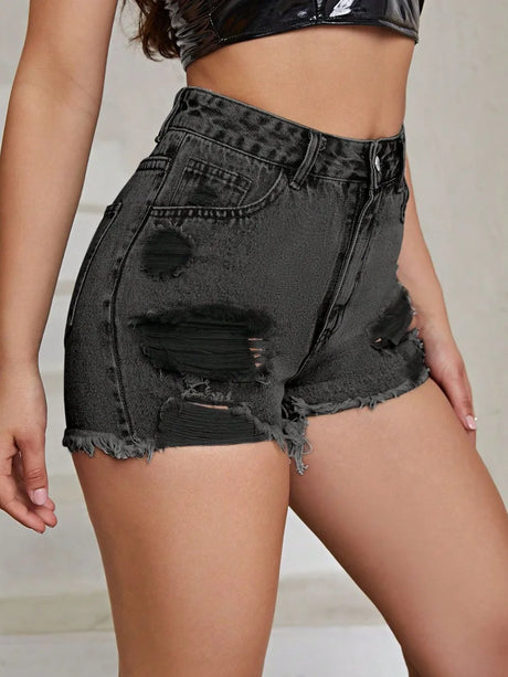 Distressed Raw Hem High Rise Denim Shorts - V.I.P Digital Presence
