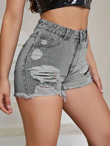 Distressed Raw Hem High Rise Denim Shorts - V.I.P Digital Presence