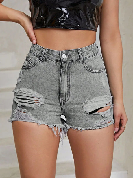 Distressed Raw Hem High Rise Denim Shorts - V.I.P Digital Presence