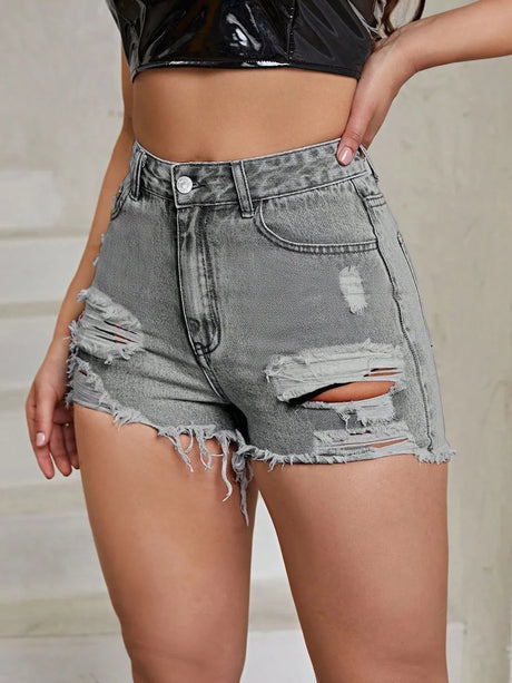 Distressed Raw Hem High Rise Denim Shorts - V.I.P Digital Presence