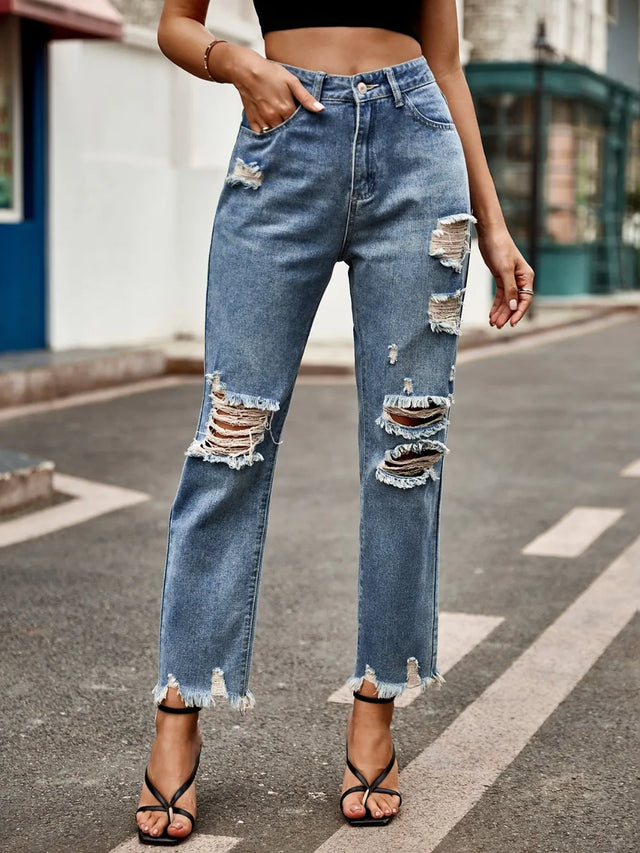 Distressed Raw Hem Jeans with Pockets - V.I.P Digital Presence