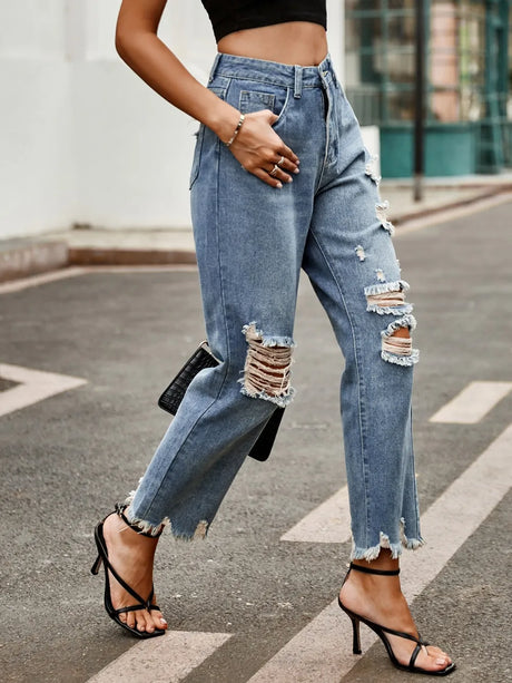 Distressed Raw Hem Jeans with Pockets - V.I.P Digital Presence