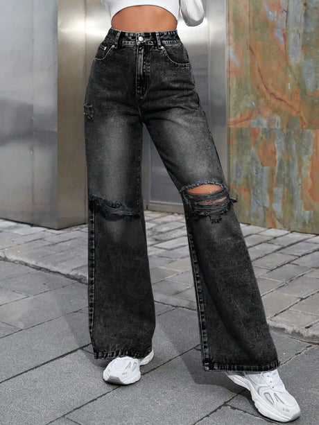Distressed Wide Leg Jeans with Pockets - V.I.P Digital Presence