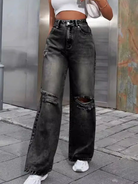 Distressed Wide Leg Jeans with Pockets - V.I.P Digital Presence