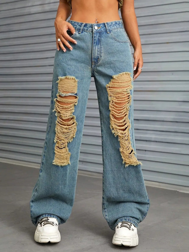 Distressed Wide Leg Jeans with Pockets - V.I.P Digital Presence
