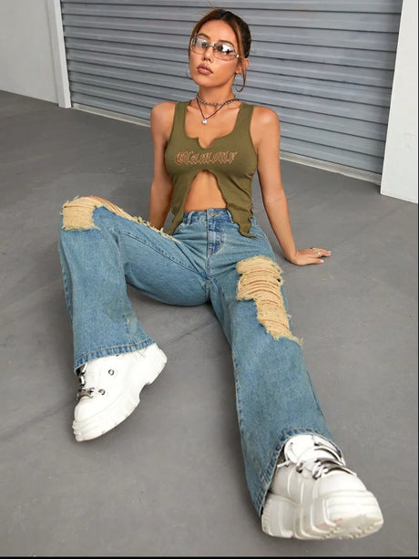 Distressed Wide Leg Jeans with Pockets - V.I.P Digital Presence