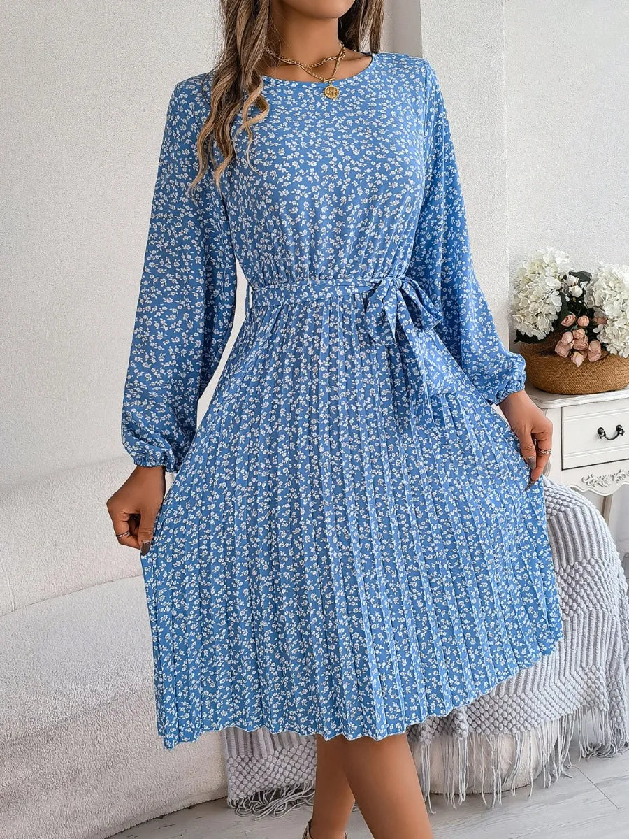 Ditsy Floral Tie Waist Pleated Dress - V.I.P Digital Presence