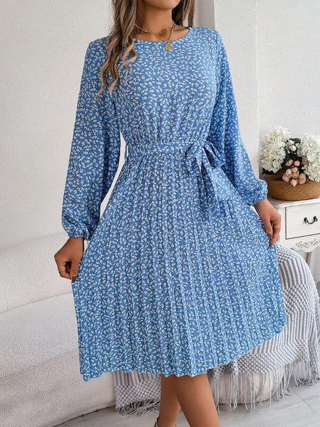 Ditsy Floral Tie Waist Pleated Dress - V.I.P Digital Presence
