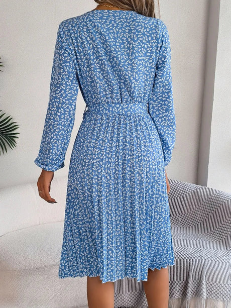 Ditsy Floral Tie Waist Pleated Dress - V.I.P Digital Presence