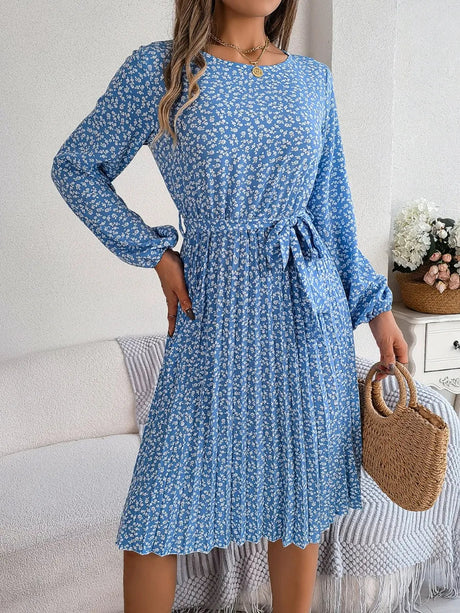 Ditsy Floral Tie Waist Pleated Dress - V.I.P Digital Presence