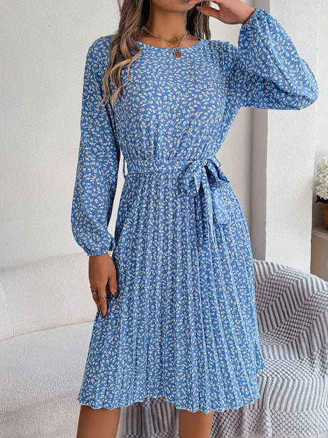 Ditsy Floral Tie Waist Pleated Dress - V.I.P Digital Presence