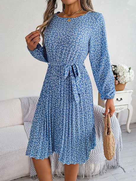 Ditsy Floral Tie Waist Pleated Dress - V.I.P Digital Presence