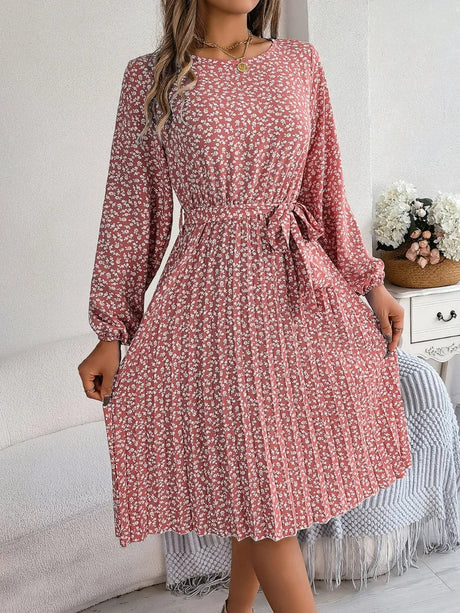 Ditsy Floral Tie Waist Pleated Dress - V.I.P Digital Presence