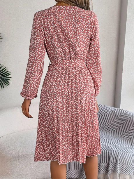 Ditsy Floral Tie Waist Pleated Dress - V.I.P Digital Presence