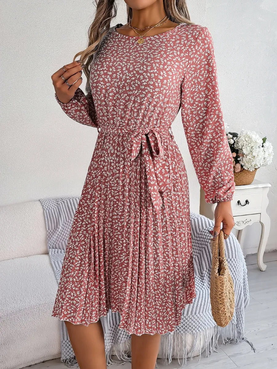 Ditsy Floral Tie Waist Pleated Dress - V.I.P Digital Presence