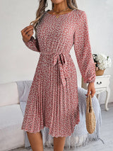 Ditsy Floral Tie Waist Pleated Dress - V.I.P Digital Presence