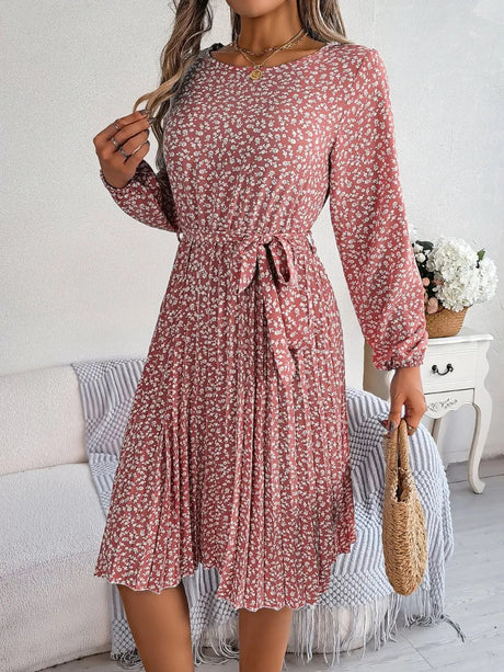 Ditsy Floral Tie Waist Pleated Dress - V.I.P Digital Presence
