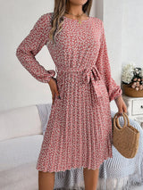 Ditsy Floral Tie Waist Pleated Dress - V.I.P Digital Presence