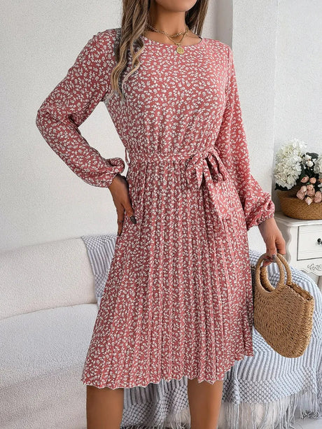 Ditsy Floral Tie Waist Pleated Dress - V.I.P Digital Presence