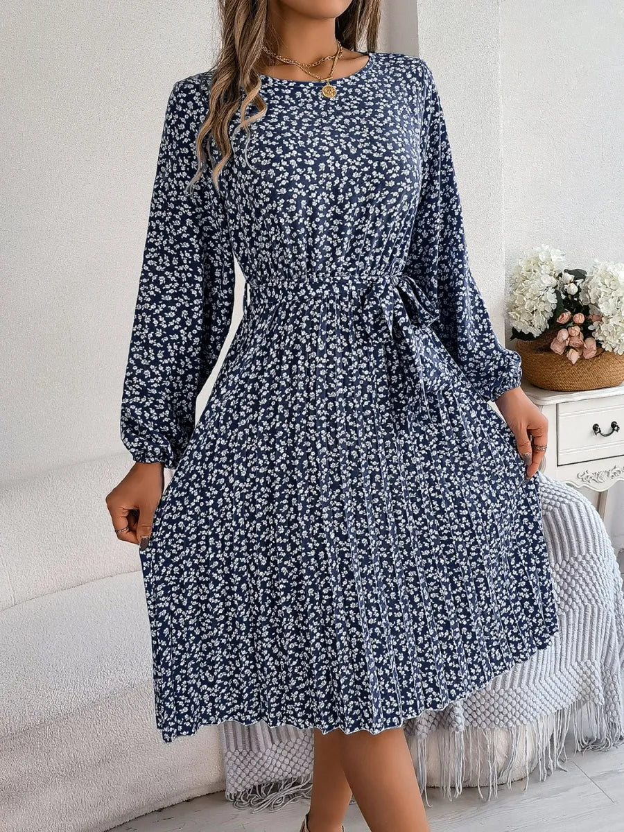 Ditsy Floral Tie Waist Pleated Dress - V.I.P Digital Presence
