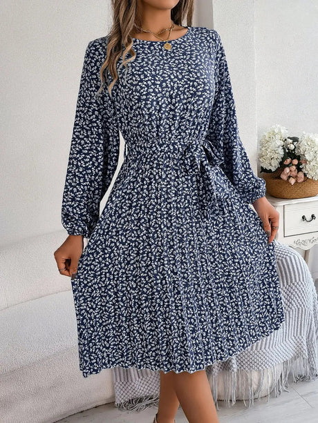 Ditsy Floral Tie Waist Pleated Dress - V.I.P Digital Presence