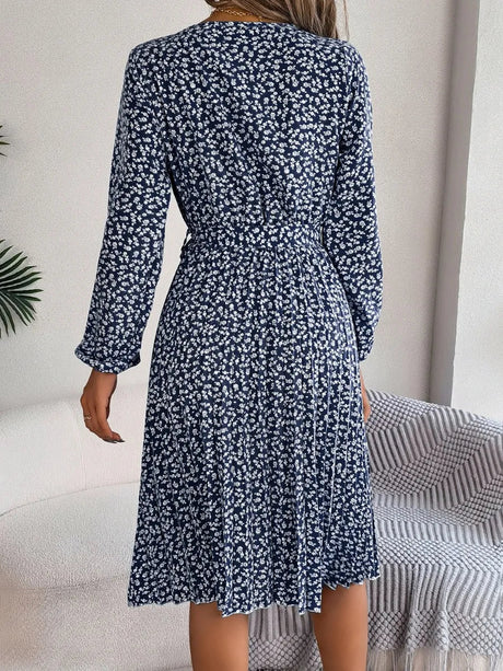 Ditsy Floral Tie Waist Pleated Dress - V.I.P Digital Presence