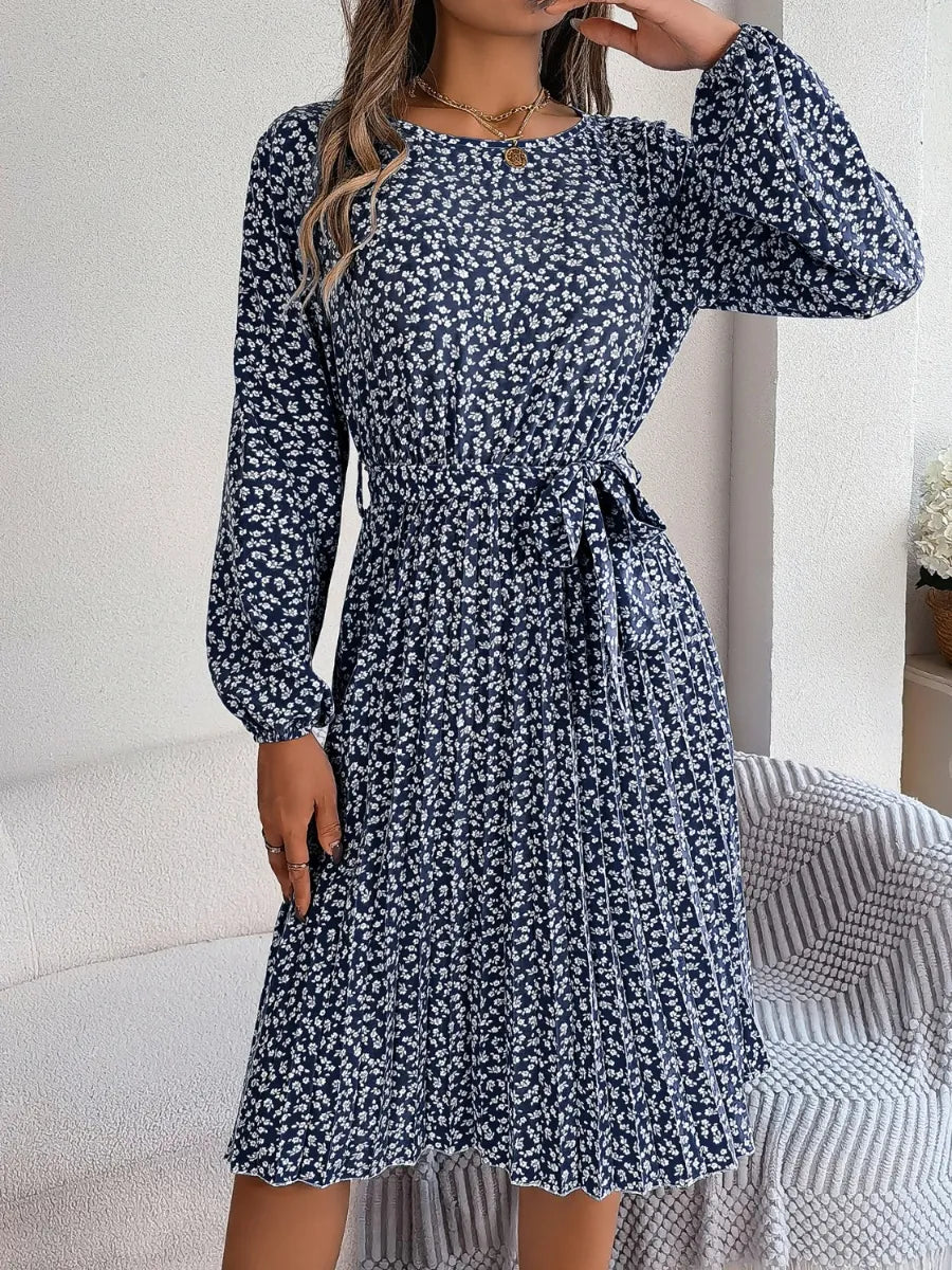 Ditsy Floral Tie Waist Pleated Dress - V.I.P Digital Presence
