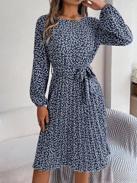 Ditsy Floral Tie Waist Pleated Dress - V.I.P Digital Presence