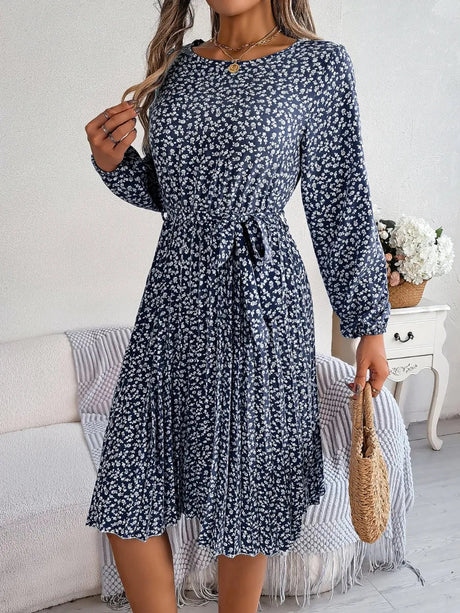 Ditsy Floral Tie Waist Pleated Dress - V.I.P Digital Presence